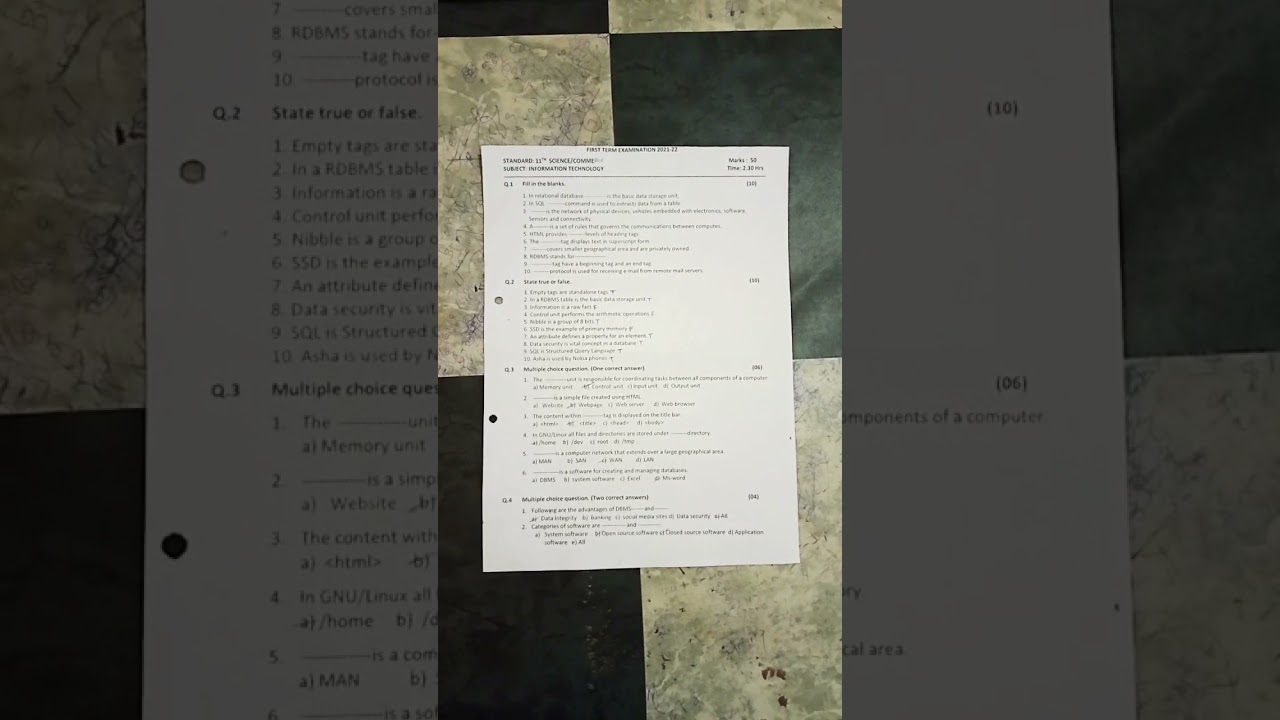 First Semester Exam 2021-22 || Information technology paper 11th Class ||