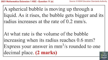 2021 Maths Extension 1 HSC Q11e Solve related rates of change problem involving volume of sphere