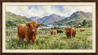 Majestic Highland Cows 🎨| Scottish Meadow Watercolor Landscape | Framed Rustic Art for TV |Ultra HD✨