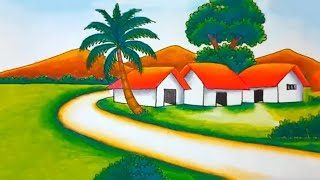 Beautiful Village Scenery Drawing | Easy Nature Landscape Drawing with Oil Pastels | Step by Step