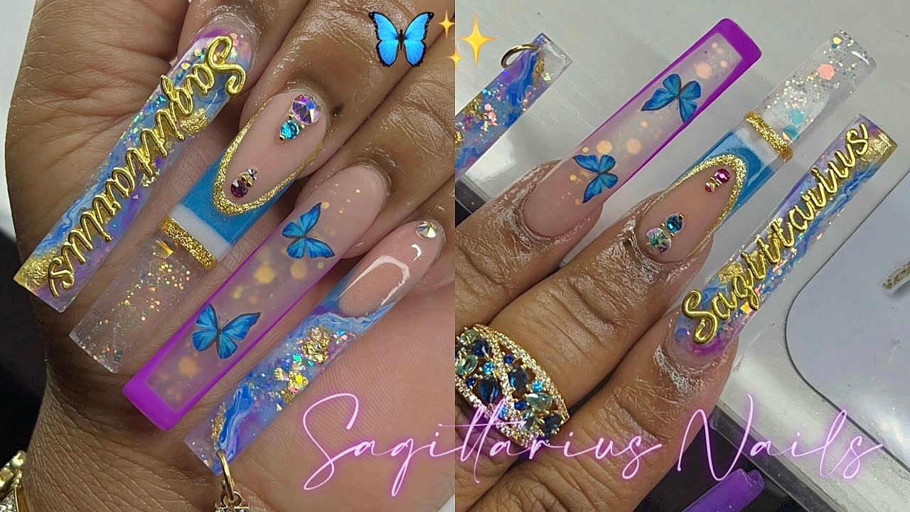 BLUE PURPLE MARBLE FREESTYLE NAILS 🦋💜🌌✨ | ZODIAC SERIES : SAGITTARIUS ♐️ ✨