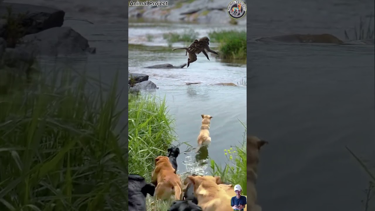 monyet kabur melompat dikejar kawanan anjing 