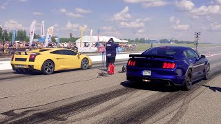 Lamborghini Gallardo vs Ford Mustang GT 5.0 Supercharged 1\/4 mile drag race