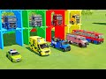 TRANSPORTING MERCEDES MINI BUS, VOLKSWAGEN POLICE, FORD POLICE, MERCEDES FIRE TRUCK TO GARAGE | FS22