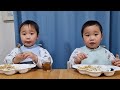 前髪を切られすぎた一卵性双子の晩ごはん【2歳7ヶ月】