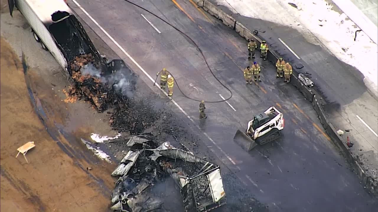 Sky 5 video shows aftermath of fiery crash involving semi-trailer on Turner Turnpike near Stroud