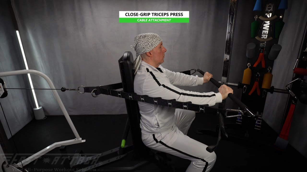 Cable | Close-Grip Triceps Press | 90* Bench | Long Bar | Fast-Attach All In 1 Fitness Strap