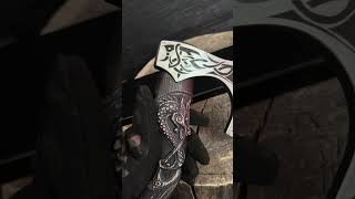 Hand-forged hardened bearded viking axe "Fenrisulfr" with carved handle