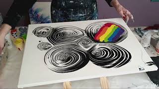 : #305 Pretty cells and lacing in this colorful swipe over black and white ring pours~fluidart swipe