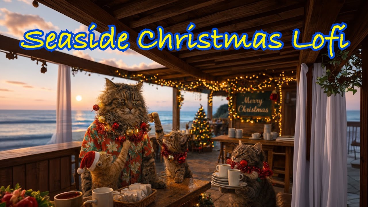 Christmas Morning Lofi at a Seaside Cat Café ☕🎄Relaxing Beach Café Beats for a Cozy Early Morning🐈