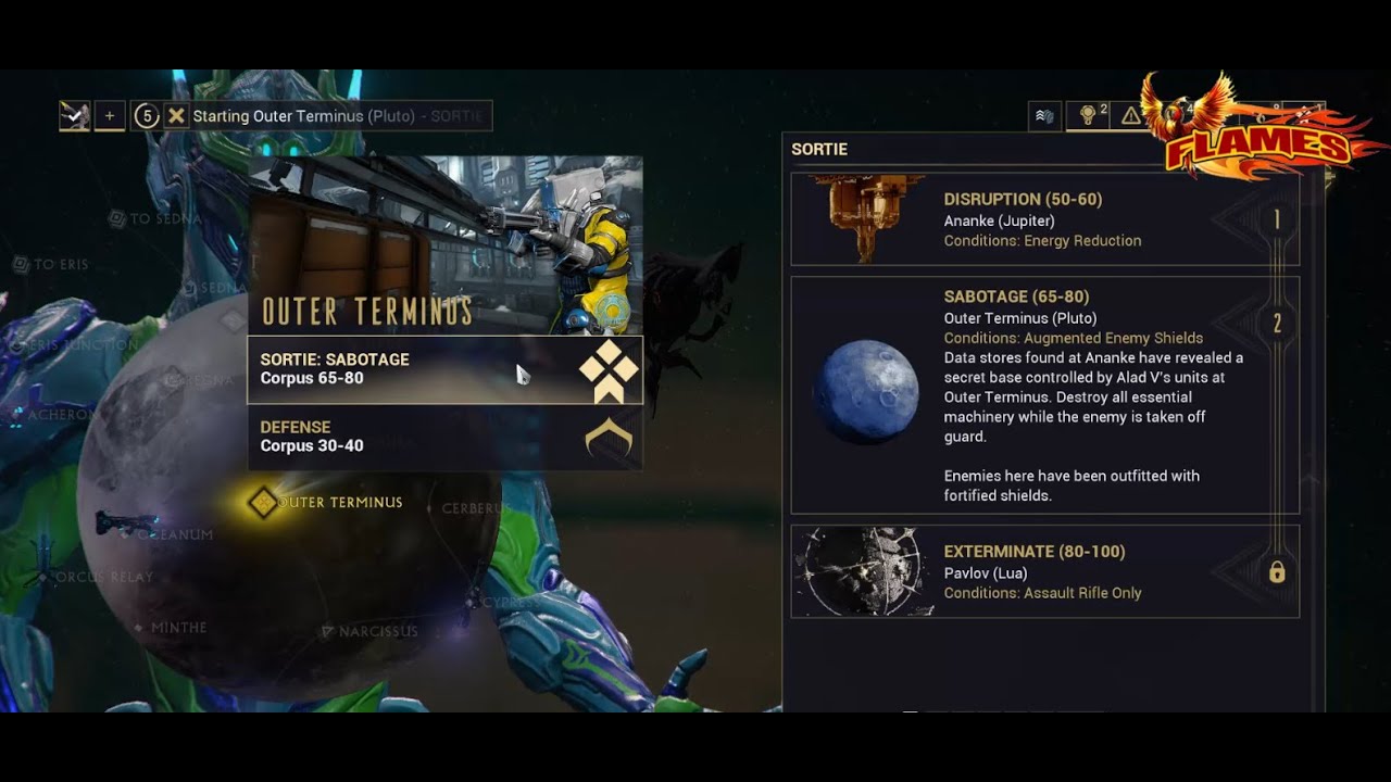 Warframe Sortie Outer Terminus (Pluto) mission Sabotage level 65-80
