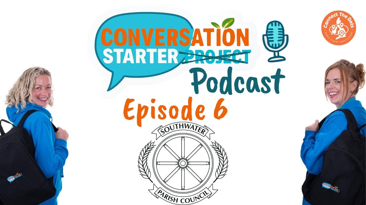 A white background with logos and two women smiling in blue jumpers and holding backpacks. It is promoting a podcast.