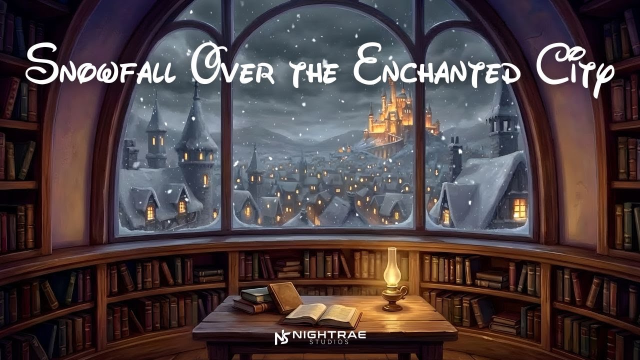 Snowfall Over the Enchanted City | Disney-Style Cozy Library Window Ambience (4K)