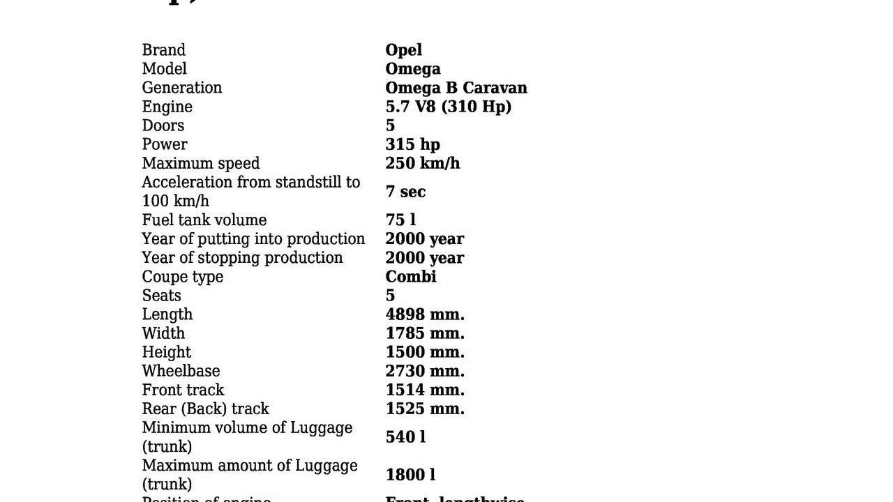 Opel - Omega B Caravan - 5.7 V8 (310 Hp) - Technical specifications