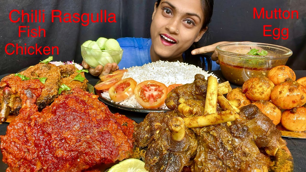 Mutton Nalli Masala Chicken Curry Egg Curry Fish Curry Basmati Rice Salad Chilli Rasgulla Eating