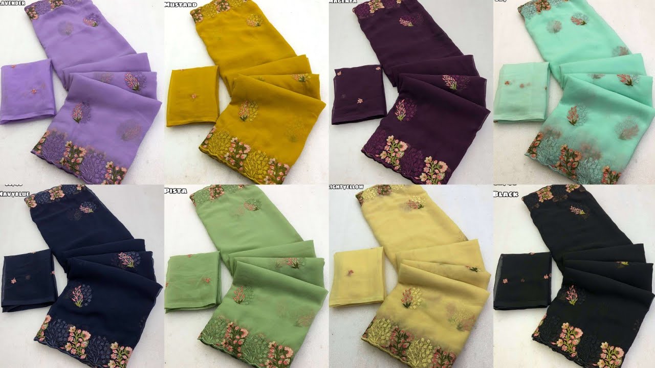 Faux Georgette floral embroidery work saree with scalloped cutwork border 