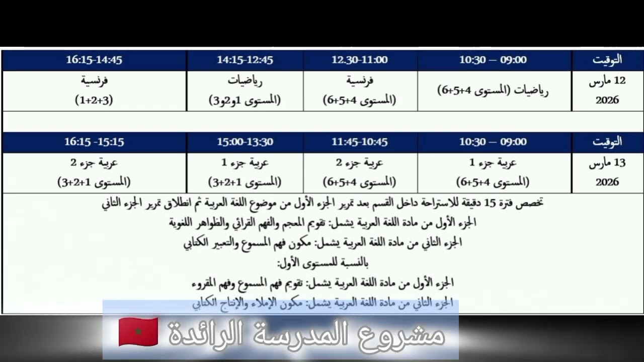 البرمجة الزمنية المحددة لتمرير الروائز فروض المراقبة المستمرة المرحلة3 بمدارس الريادة التعليم الصريح