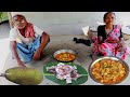 Green jackfrut mutton curry  raw jackfruit with mutton gravy cooking in tribal village 