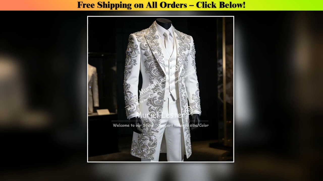 Sparkling Crystals Beading Suits Men 3 Piece Sets Single Breasted Prom Blazer Long Customized Man