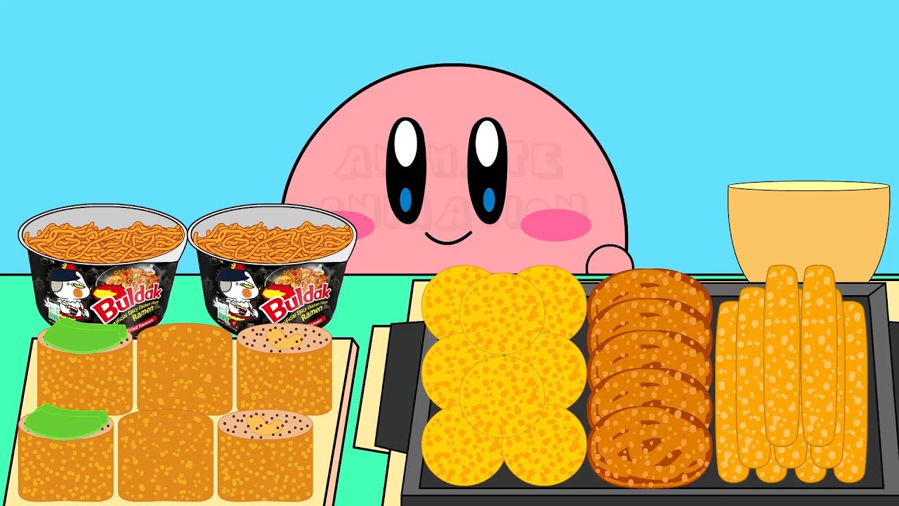 Kirby Animation - Spicy Hot Noodles With Cheese Ball Cheese Stick Mukbang Complete Edition