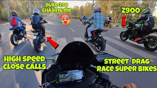 Street drag race super bikes z900 vs s1000rr | high speed close calls | duke 390 chasing me  |