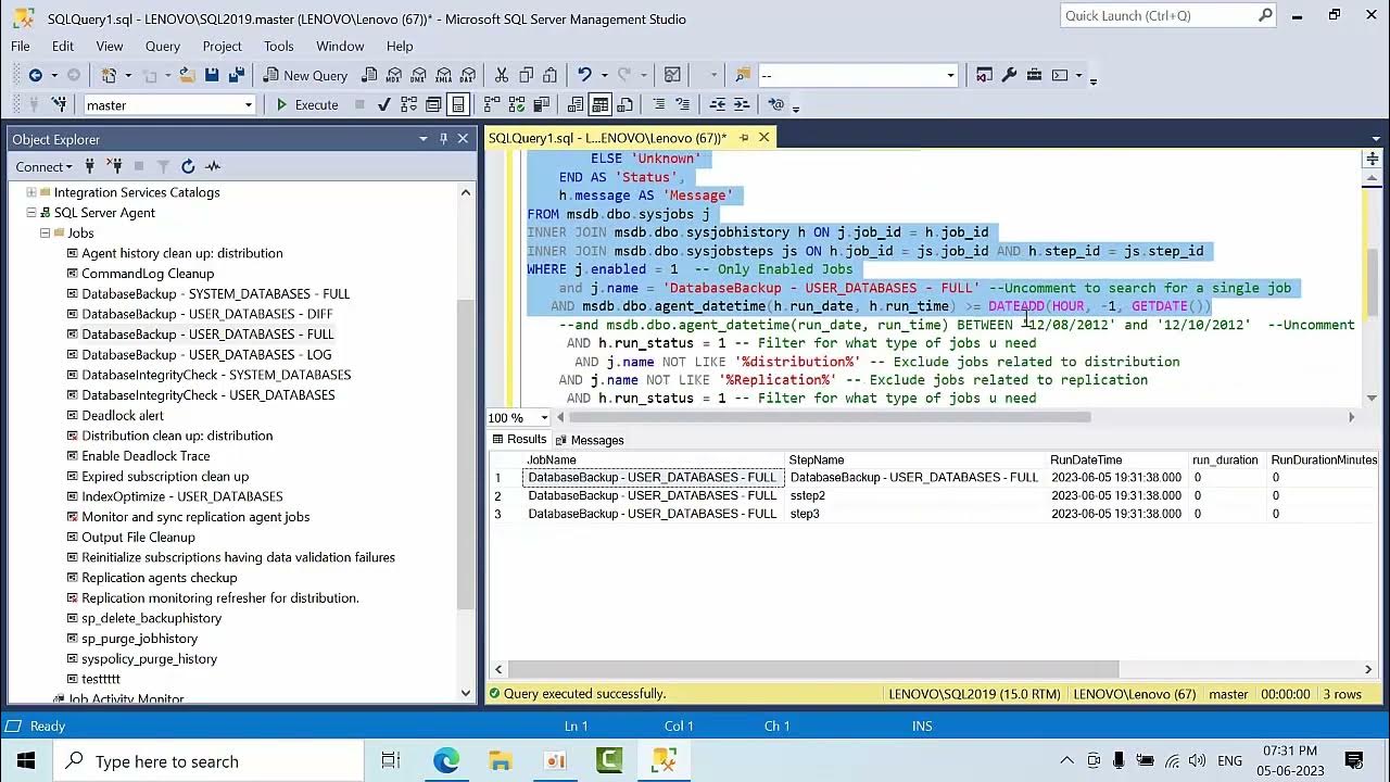 How to Retrieve SQL Server Jobs History As Per Our Requirement T SQL Query to Fetch jobs