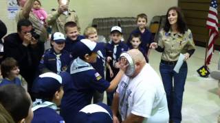 Cub Master John gets a pie in the face. Pack 91 Munson