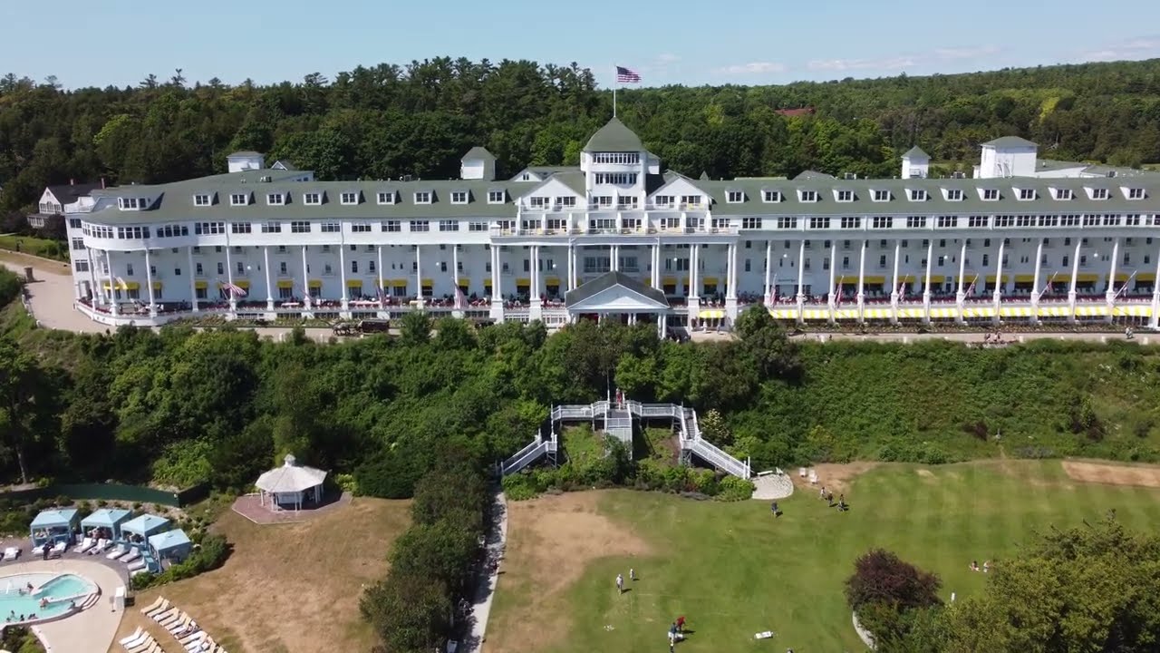 Grand Hotel and Cupola - Mackinac Island, Michigan - Day - Drone - 4k