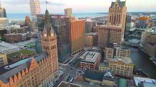 Milwaukee Downtown Aerial Beautiful Golden Hour 4K