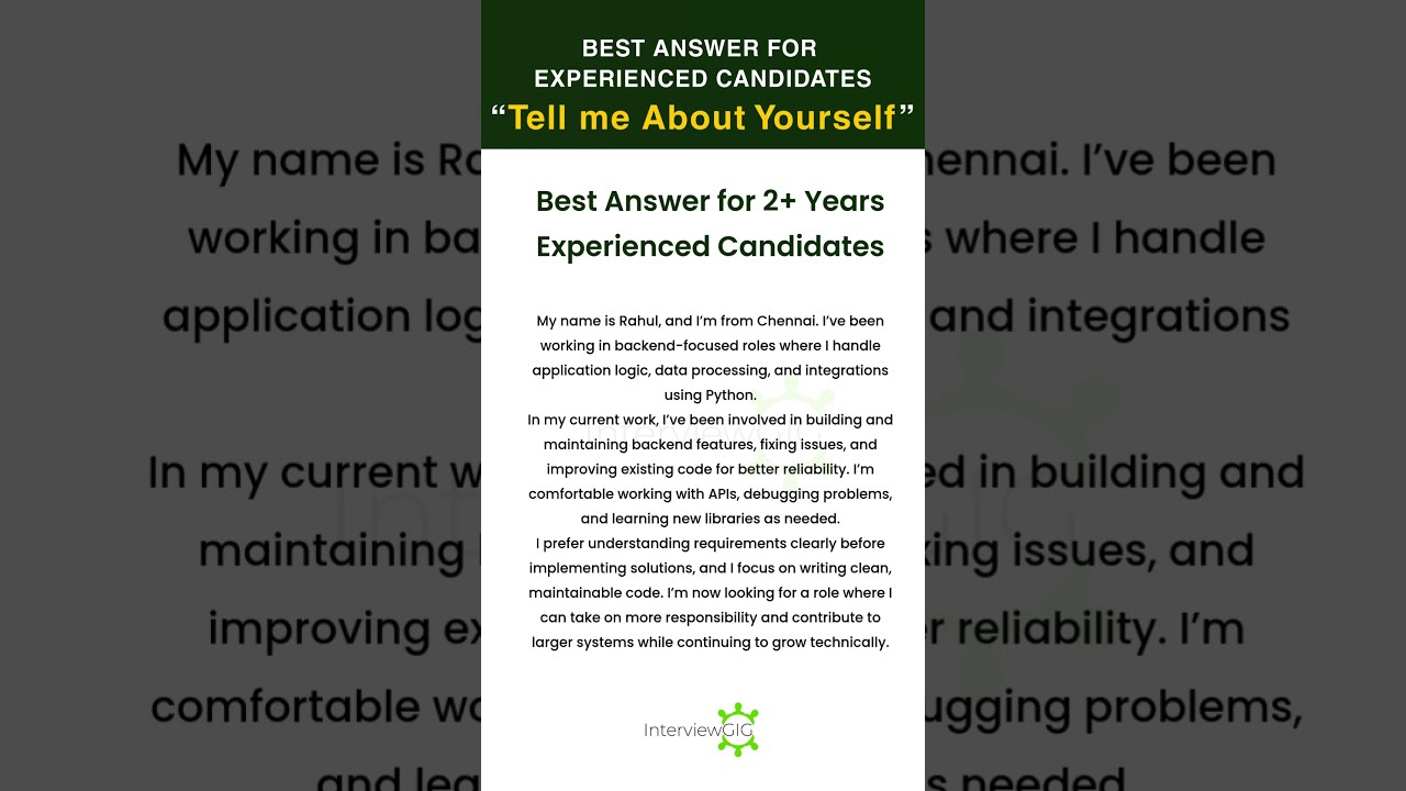 2+ Years Experience: "Tell Me About Yourself Interview Answer"  