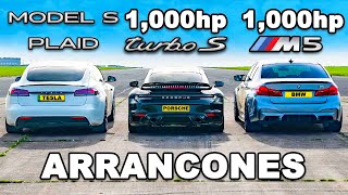 M5 de 1,000 hp vs 911 Turbo de 1,000 hp vs Model S Plaid: ARRANCONES