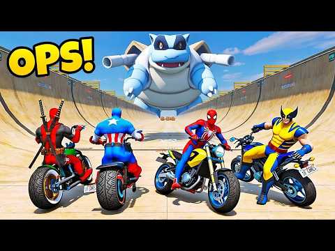 HOMEM ARANHA e AMIGOS SALTO COM MOTOS! BLASTOISE vs SPIDERMAN - GTA V