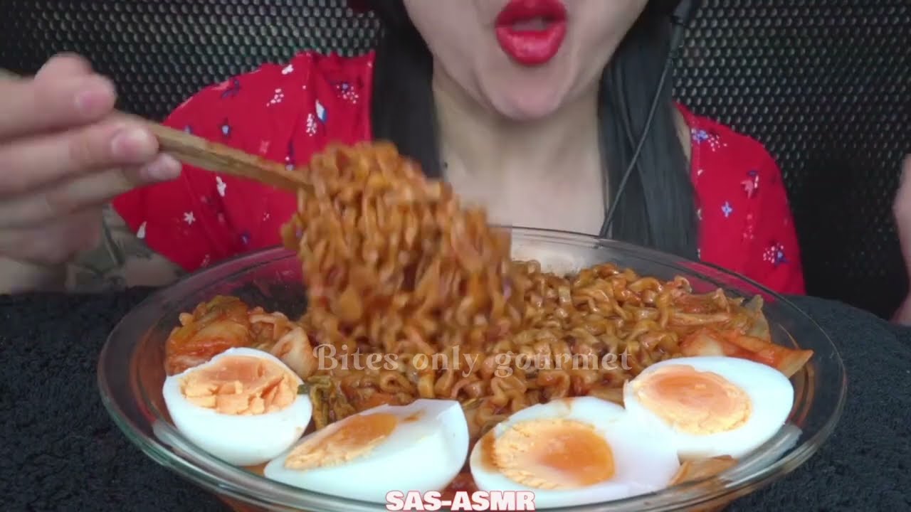 BITES ONLY Fire Noodles + Perfect Eggs + kimchi || SAS ASMR