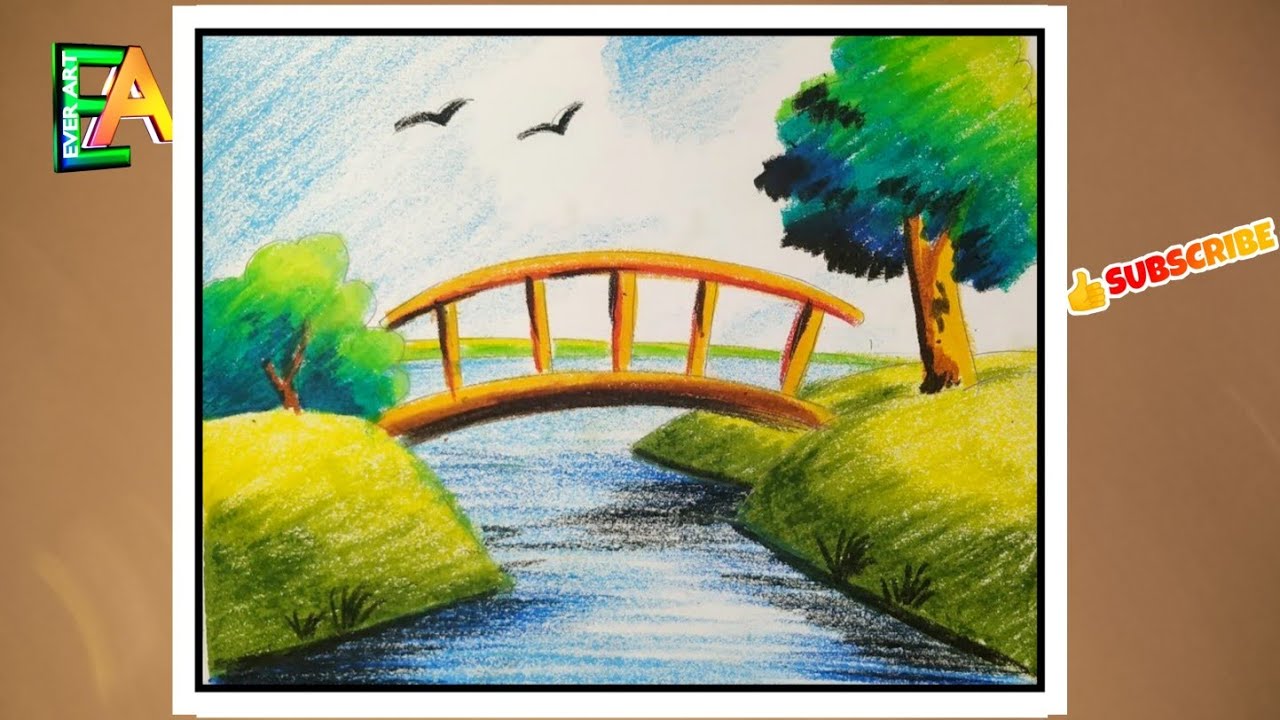 Natural scenery drawing with oil pastel colour only for kids ...