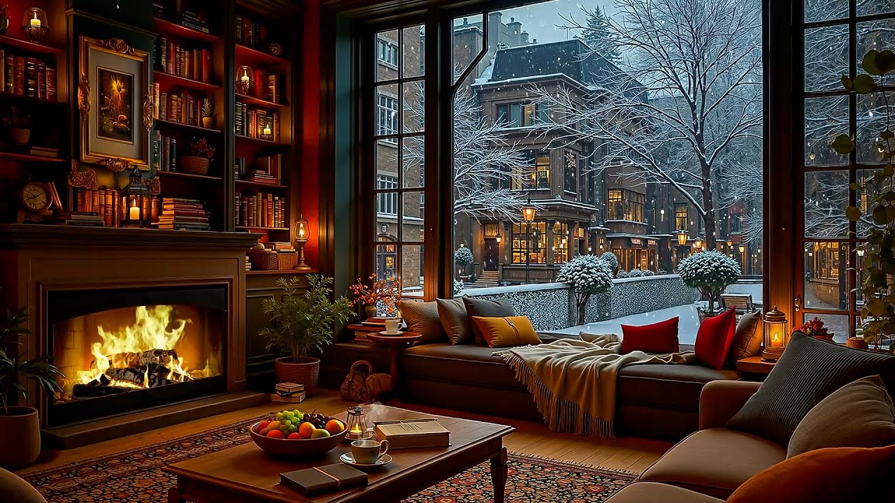 Peaceful Winter Jazz Music ❄️📚 Cozy Home Library Ambience & Fireplace for Stress Relief, Sleep