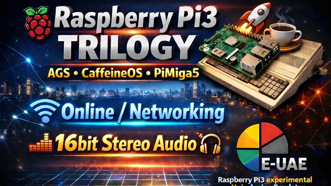 E-UAE Raspberry Pi3 поддерживает все три функции: CaffeineOS • AGS • PiMiga5 