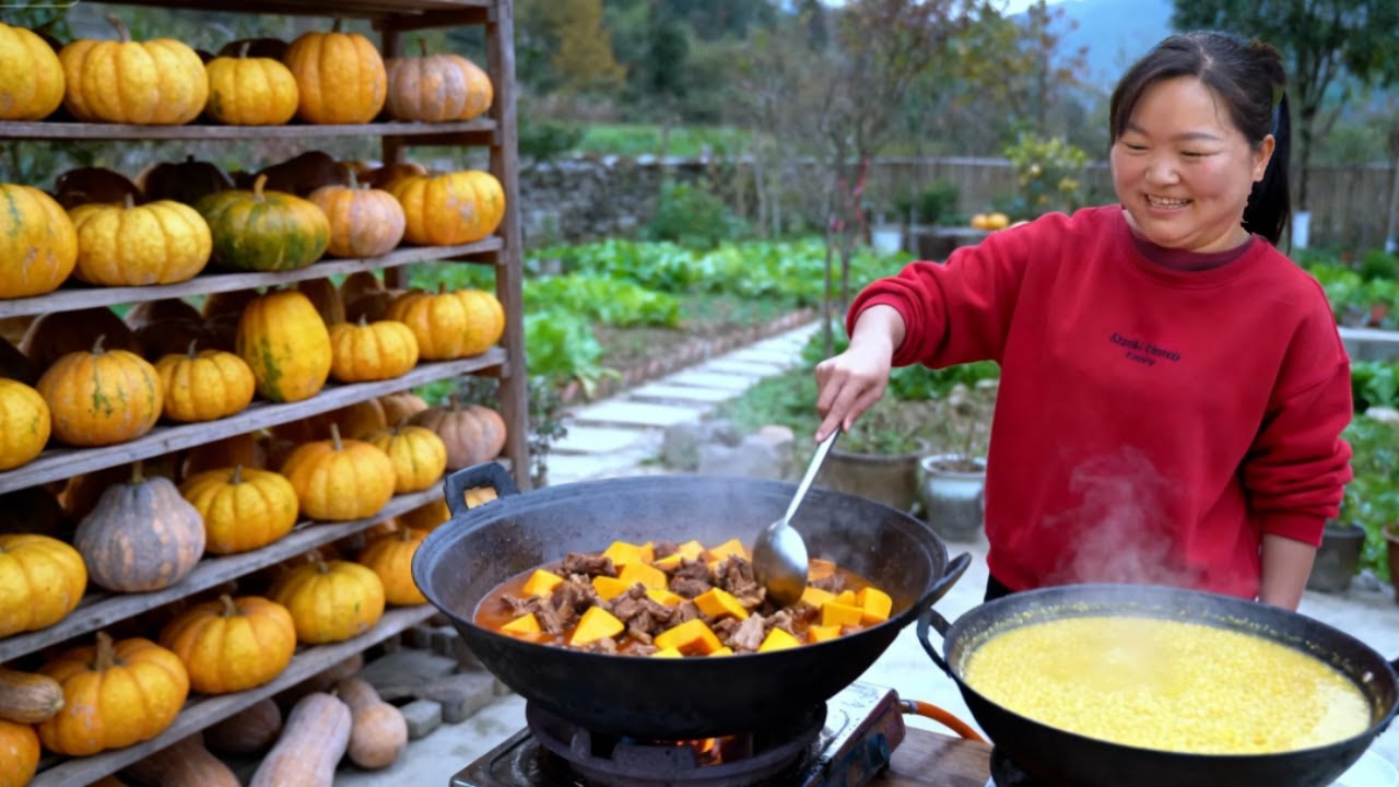 【陕北霞姐】地里南瓜大丰收，霞姐做一锅南瓜炖牛肉，熬上香浓南瓜粥美得很！