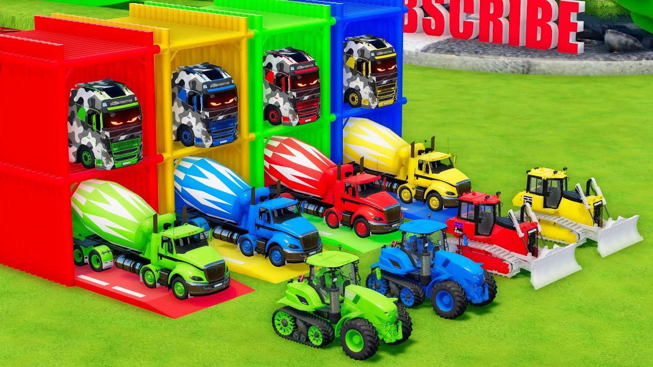 Garage with Colors - ALL MIXER TRUCK WITH DOUBLE FLATBED TRAILER TRUCK, VOLVO, PETERBILT, KOMATSU