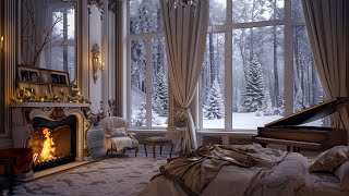 Relaxing Fireplace and Piano ASMR for Royal Bedroom Ambiance | Cozy Winter Night | Snowfall Ambiance