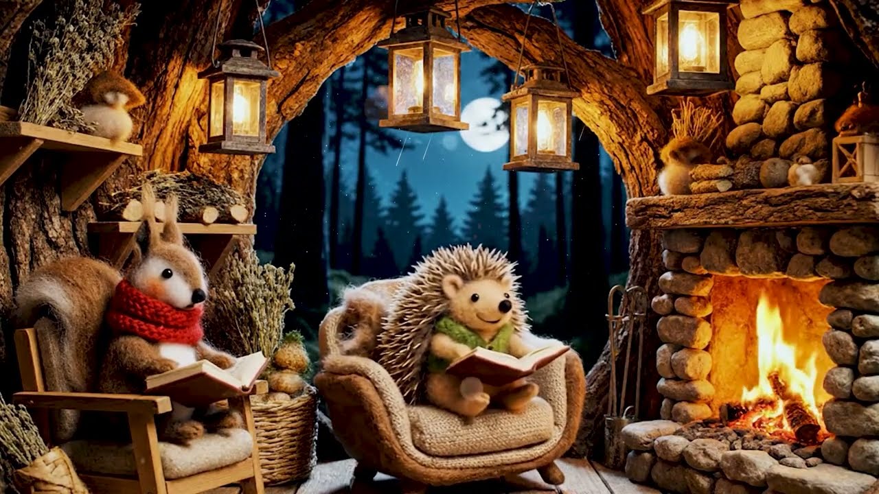 Reading Books with Hedgehog and Squirrel |  Soft Piano Melodies & Firelight for Calm Concentration