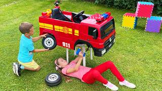 surprise max kids unboxing assembling toy fire truck riding