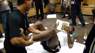 LeBRON JAMES READING BOOK and STRETCHING PRE GAME 1 NBA FINALS 2012