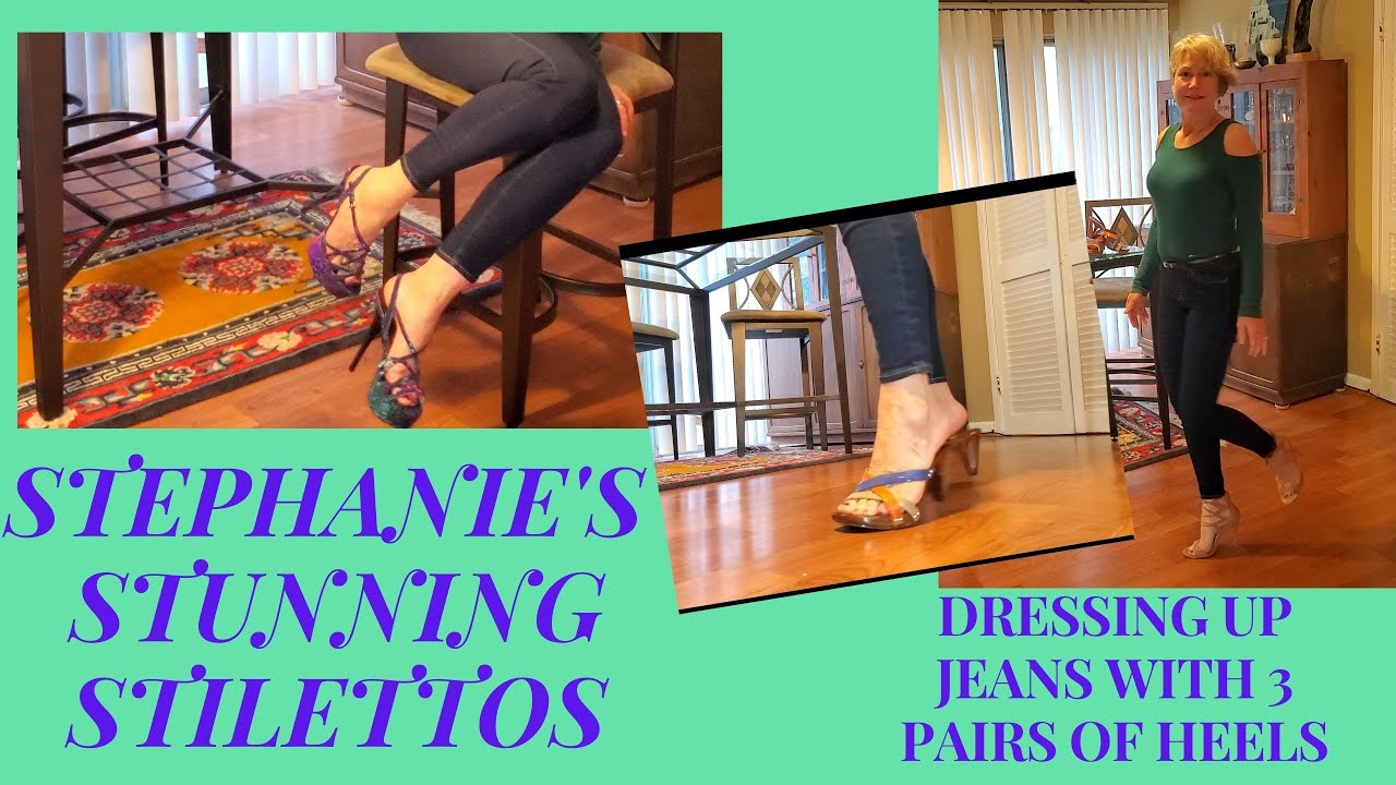 DRESSING UP A PAIR OF JEANS WITH 3 PAIRS OF STILETTO HEELS .