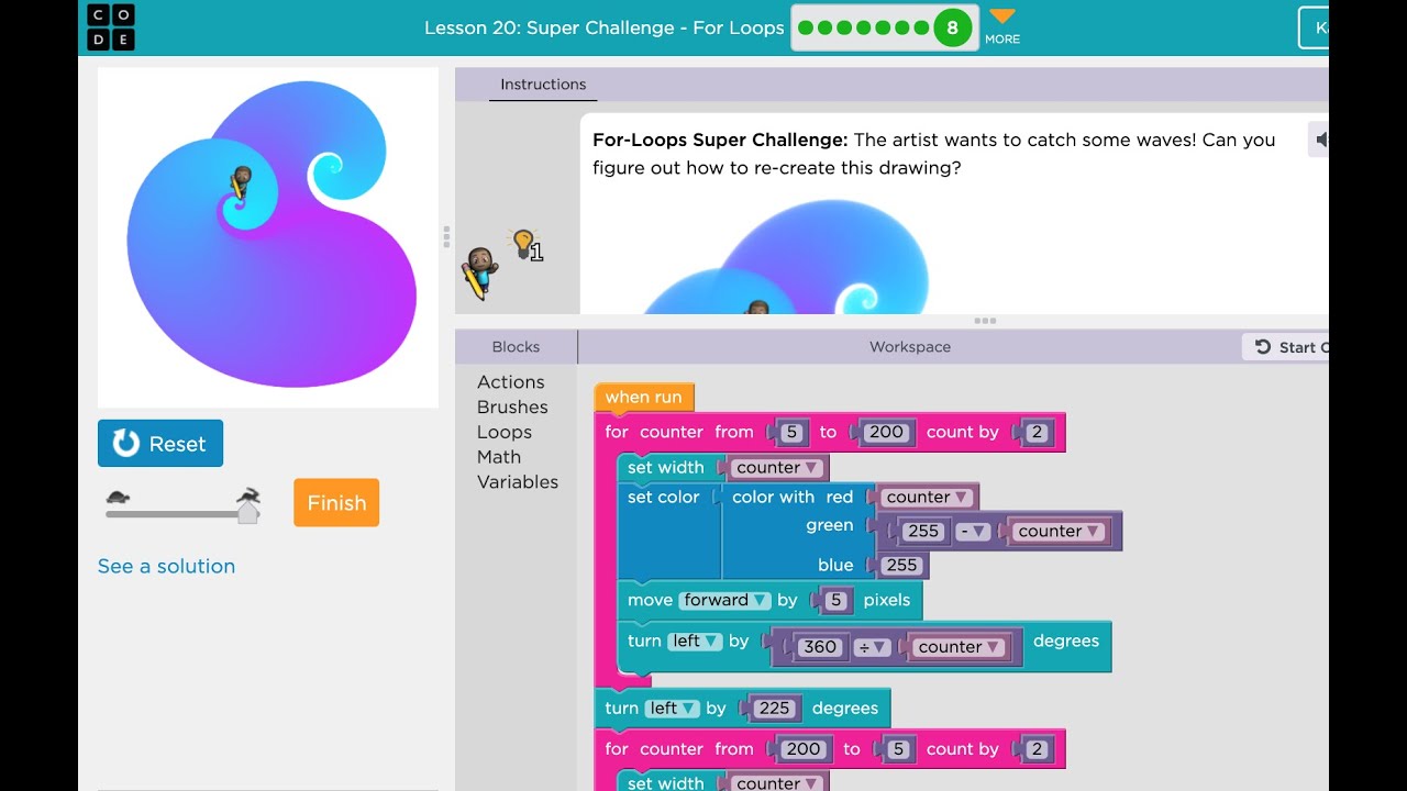 www.code org  Update 2022  Code org - Course 4 - Lesson 20 Super Challenge For Loops