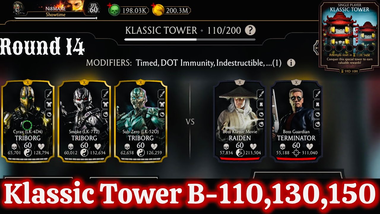Klassic Tower Boss Battle 110 , 130 & 150 Fight + Reward MK Mobile | Team Triborg