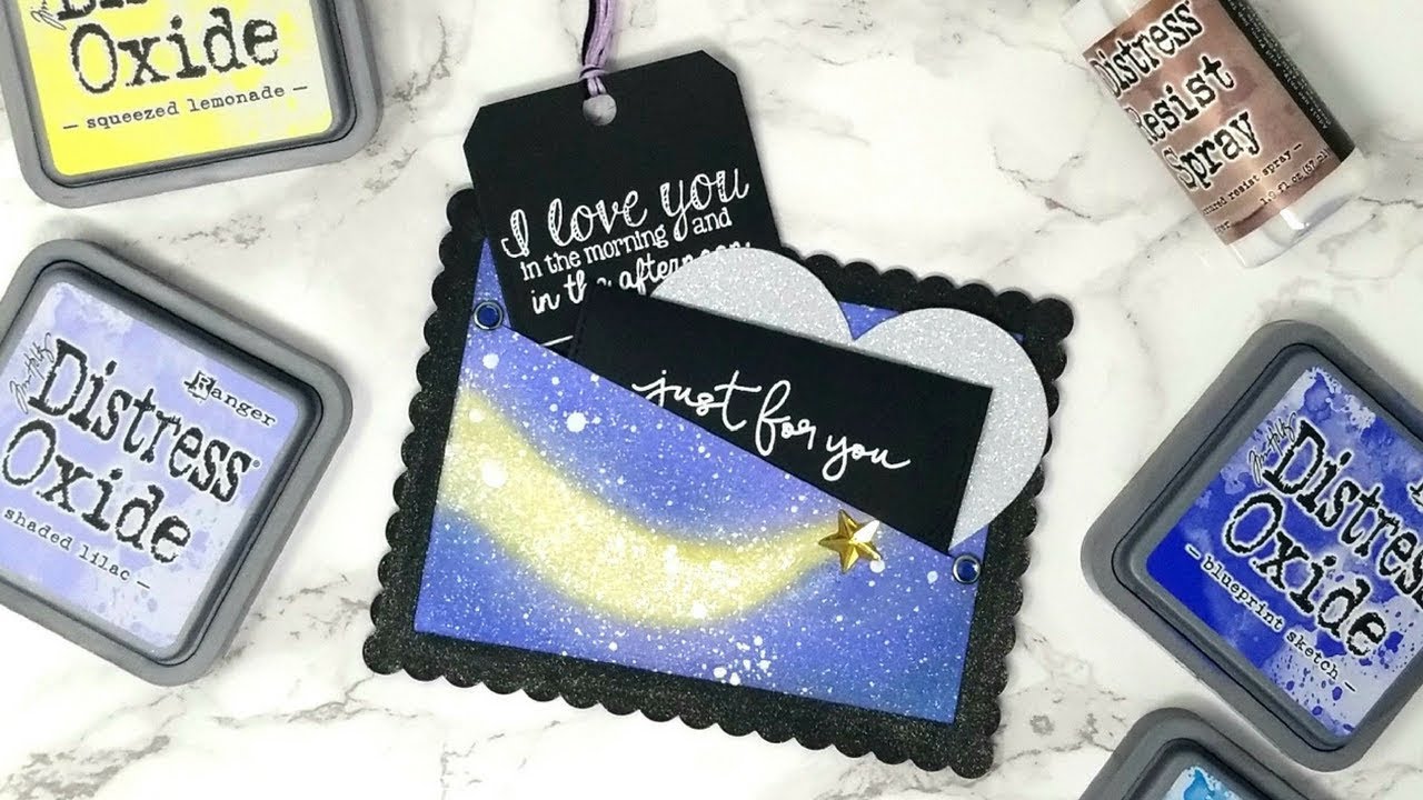 Galaxy Pocket Card // Distress Resist Spray & Distress Oxide Inks - YouTube