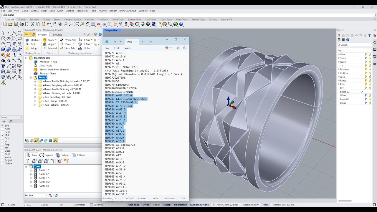 RhinoCAM Continuous 4 Axis Post Processing - YouTube