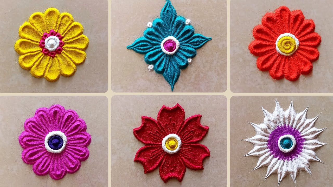सोपी व झटपट ६ फुलांची रांगोळी/Easy & Quick 6 Flowers Rangoli/Daily Flower Rangoli