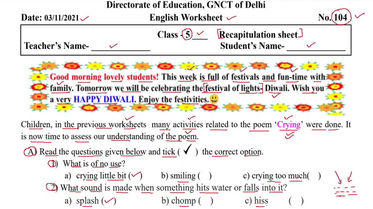 Class 5 worksheet 104 || English worksheet 104 class 5 |Recapitulation