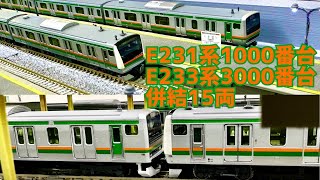 【E231系1000番台＋E233系3000番台併結】東海道線１５両で夜景モード楽しむ。野田市鉄道模型レンタルレイアウトPLATLANEさんにて。